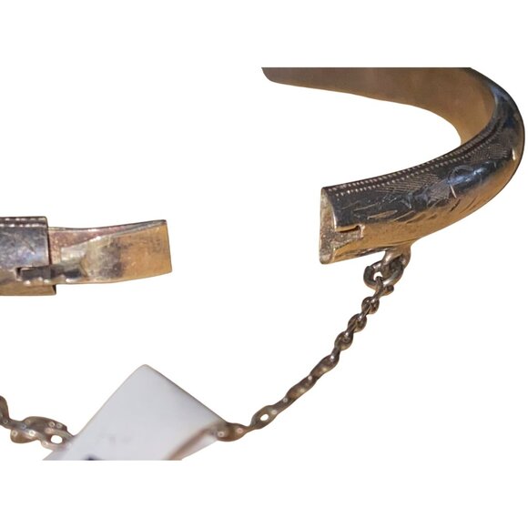 Vintage 925 Sterling Silver Engraved Bangle Bracelet With Safety Chain - Picture 6 of 10